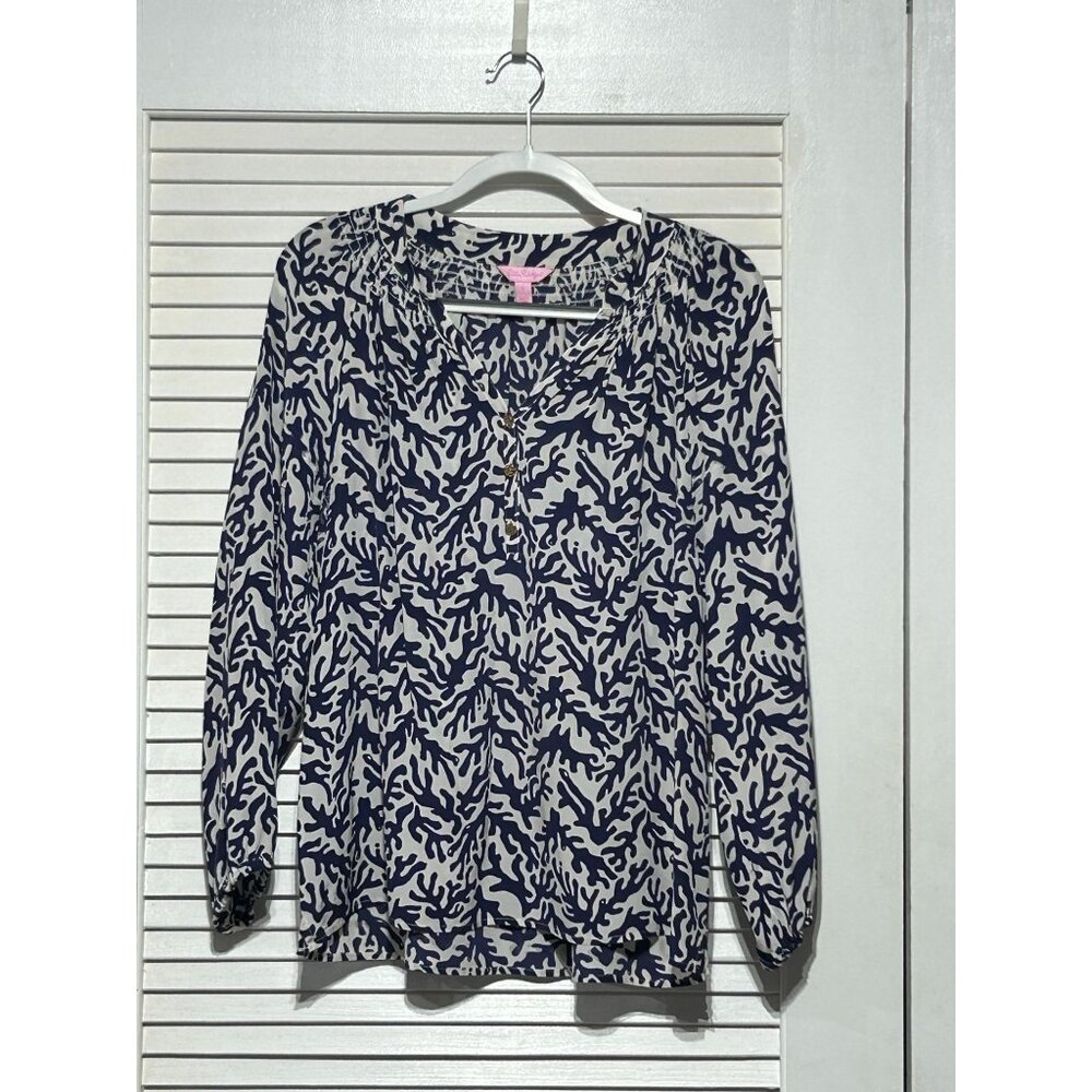 Lilly Pulitzer Women's White Navy Blue Silk Coral Elsa Blouse Top Size L 3083 - Picture 9 of 12